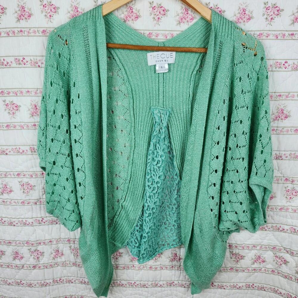 The Cue Cher Qu Knit Cardigan Open Front Green Lace Detail Size L